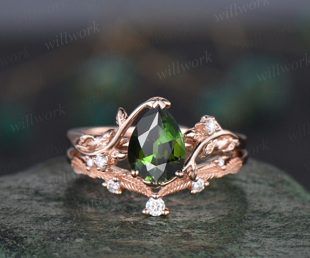 Pear shaped natural green Tourmaline ring rose gold leaf nature inspired unique engagement ring women art deco wedding bridal ring set gift