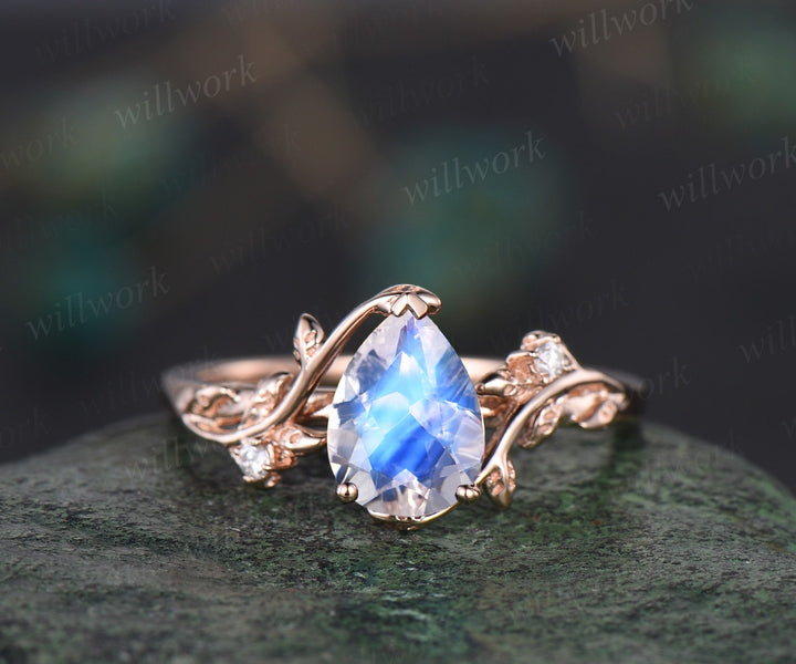 Pear shaped natural moonstone ring rose gold leaf nature inspired unique engagement ring women art deco promise wedding bridal ring set gift