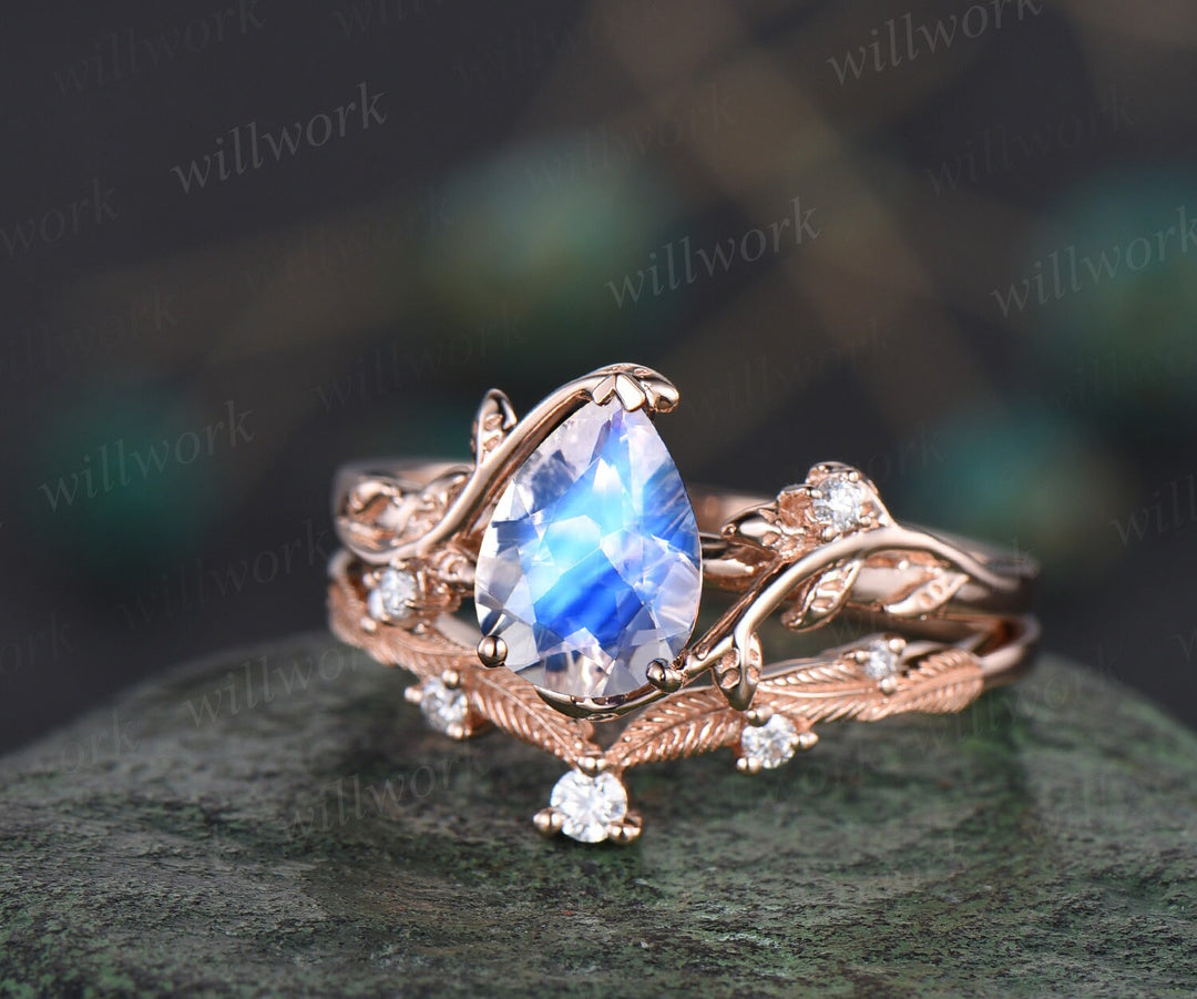 Pear shaped natural moonstone ring rose gold leaf nature inspired unique engagement ring women art deco promise wedding bridal ring set gift