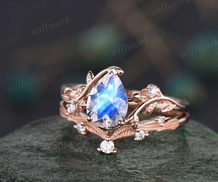 Pear shaped natural moonstone ring rose gold leaf nature inspired unique engagement ring women art deco promise wedding bridal ring set gift
