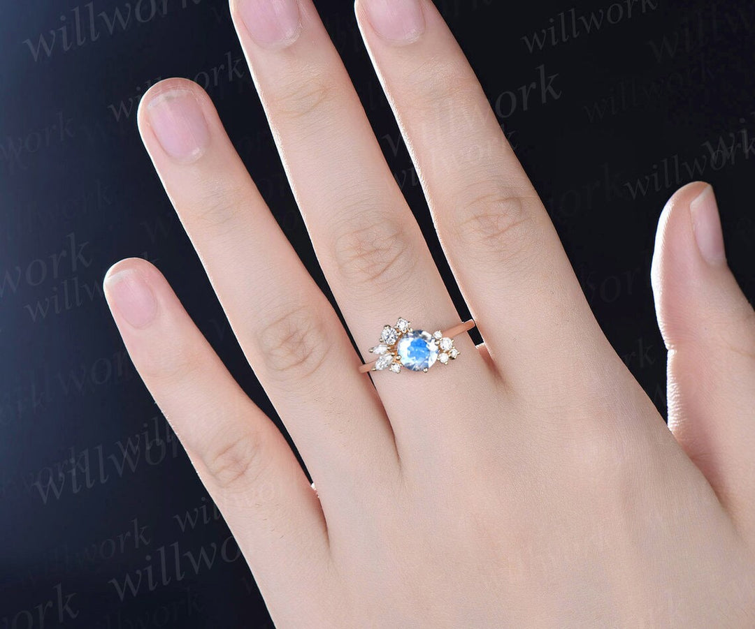 Vintage round moonstone engagement ring art deco dainty snowdrift cluster diamond ring solid 14k yellow gold anniversary bridal ring women
