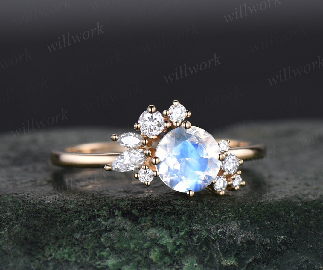 Vintage round moonstone engagement ring art deco dainty snowdrift cluster diamond ring solid 14k yellow gold anniversary bridal ring women