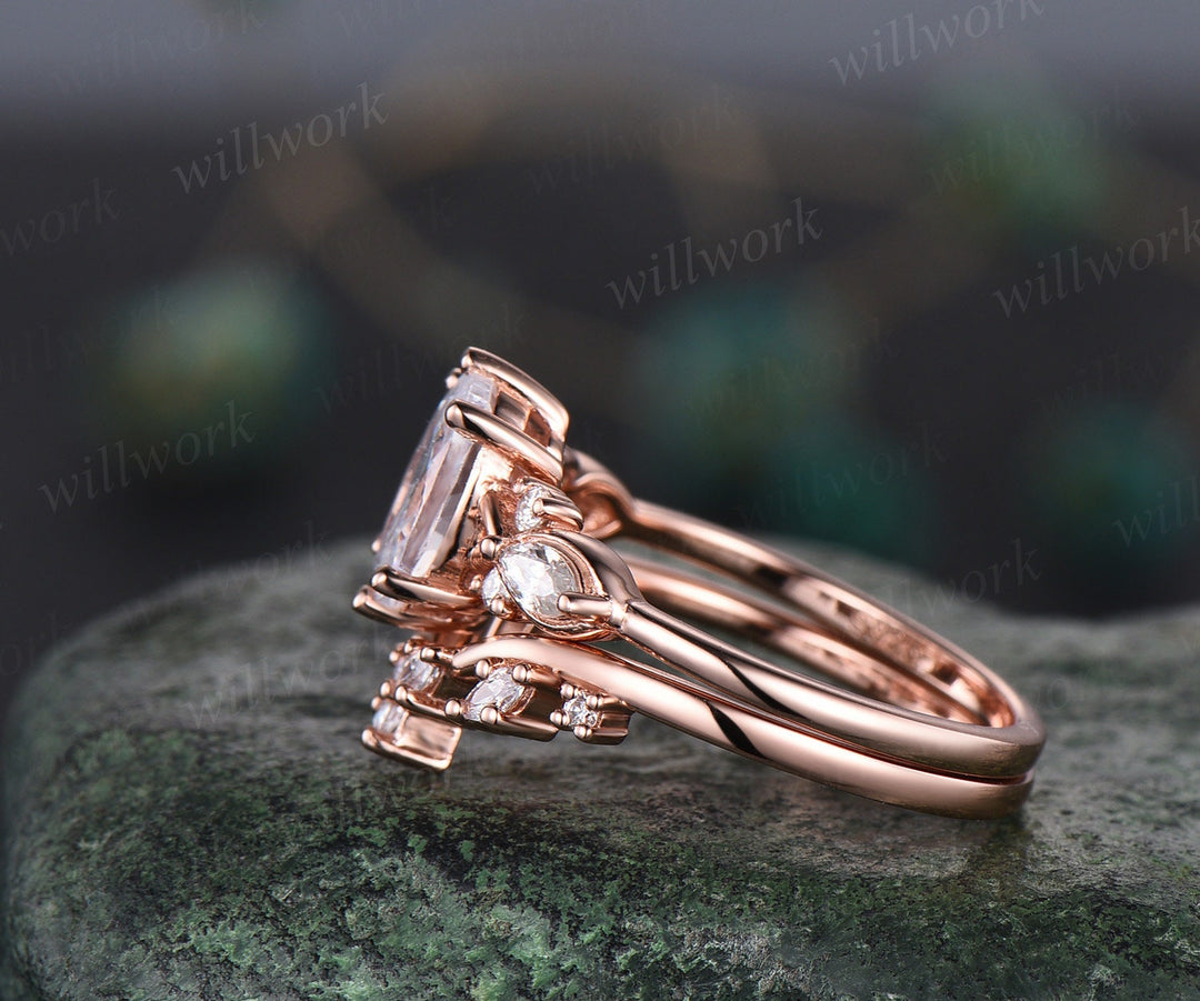 Vintage oval moonstone engagement ring art deco cluster diamond ring solid rose gold bridal set unique wedding ring set women gemstone