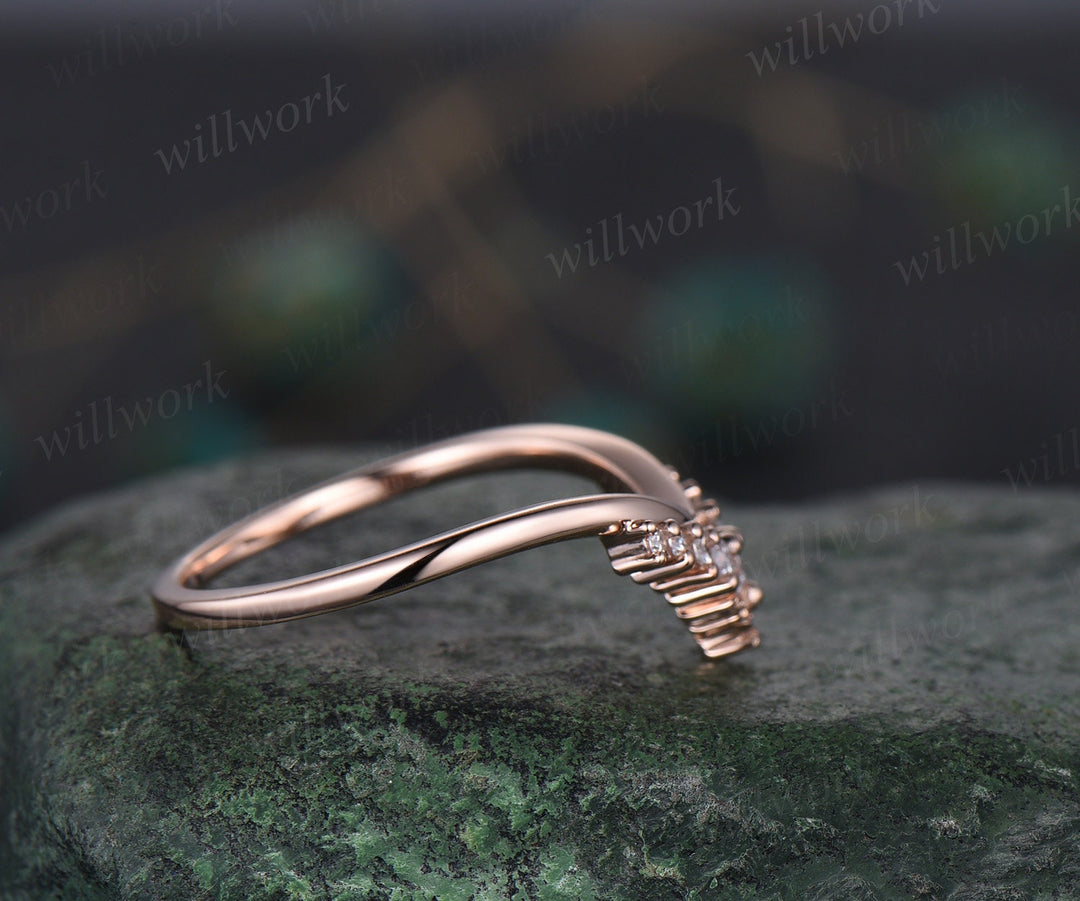 Curved snowdrift diamond wedding band solid 14k rose gold Minimalist moissanite wedding ring band stacking bridal anniversary ring women