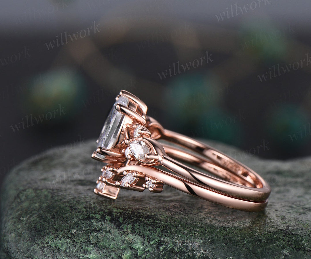 Vintage oval cut gray moissanite engagement ring set 14k rose gold marquise cut diamond ring women unique promise  bridal wedding ring set