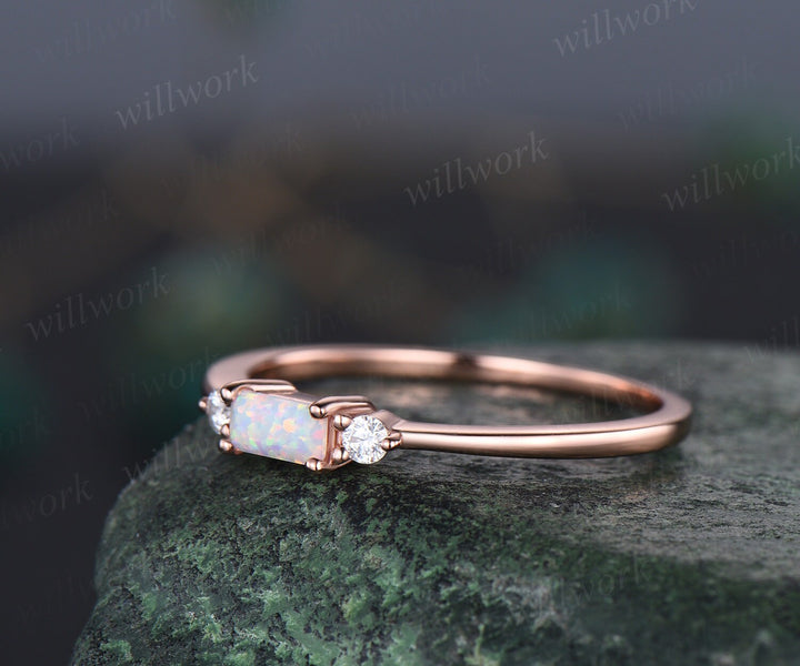 Minimalist opal ring rose gold three stone Baguette cut opal ring dainty moissanite ring engagement ring Personalized ring gemstone gift