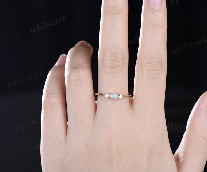 Minimalist opal ring rose gold three stone Baguette cut opal ring dainty moissanite ring engagement ring Personalized ring gemstone gift