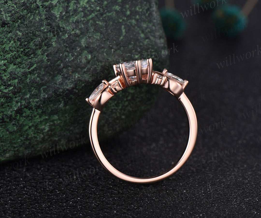 Oval rose quartz ring rose gold 6 prong art deco cluster unique engagement ring women antqiue diamond ring vintage dainty crystal ring gift