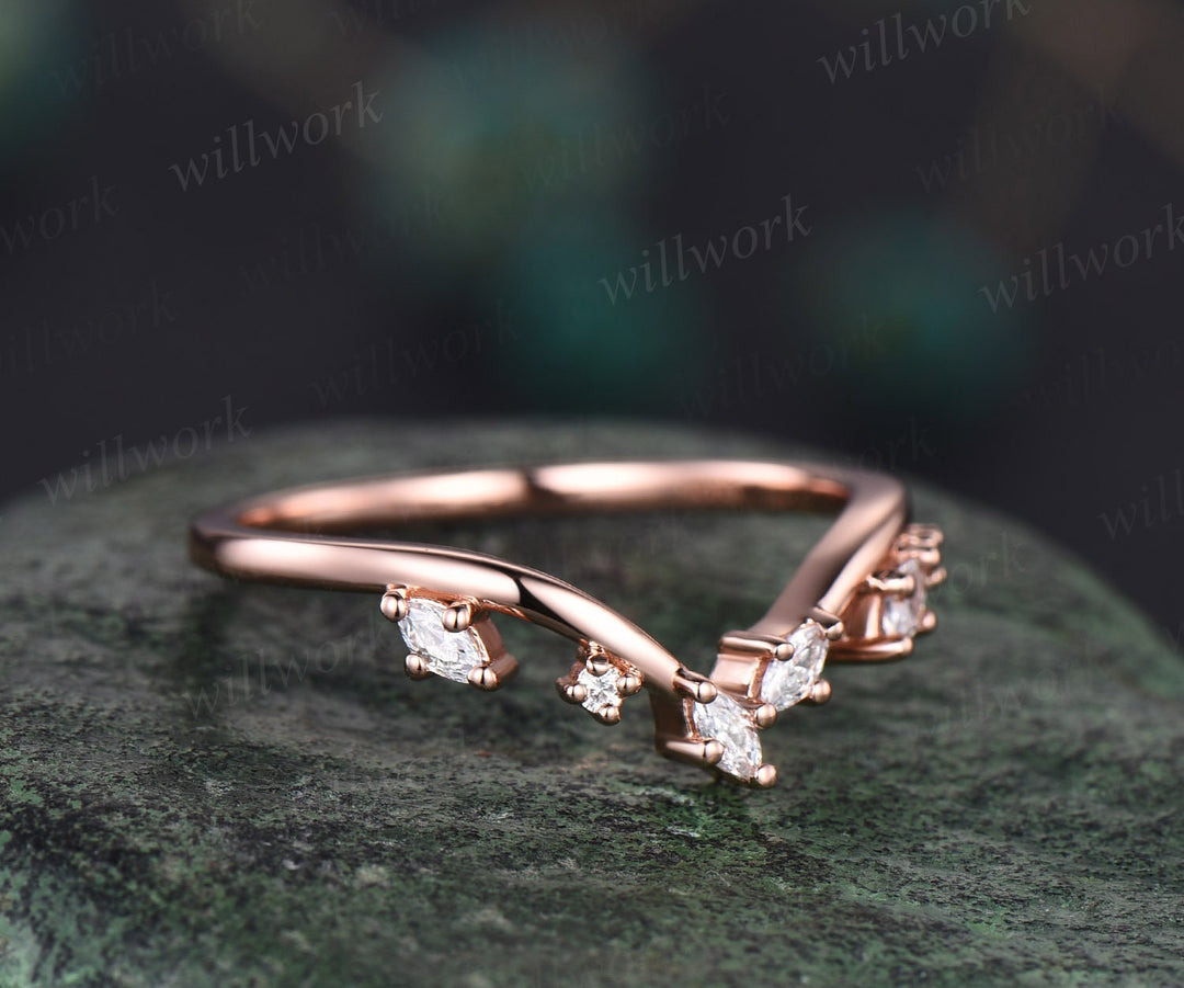 Curved art deco diamond wedding band solid 14k rose gold cluster marquise cut moissanite wedding ring band vintage women anniversary gift
