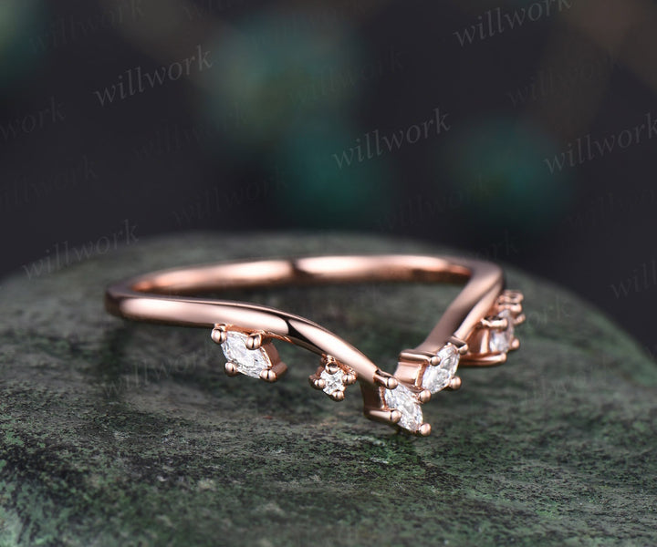Curved art deco diamond wedding band solid 14k rose gold cluster marquise cut moissanite wedding ring band vintage women anniversary gift