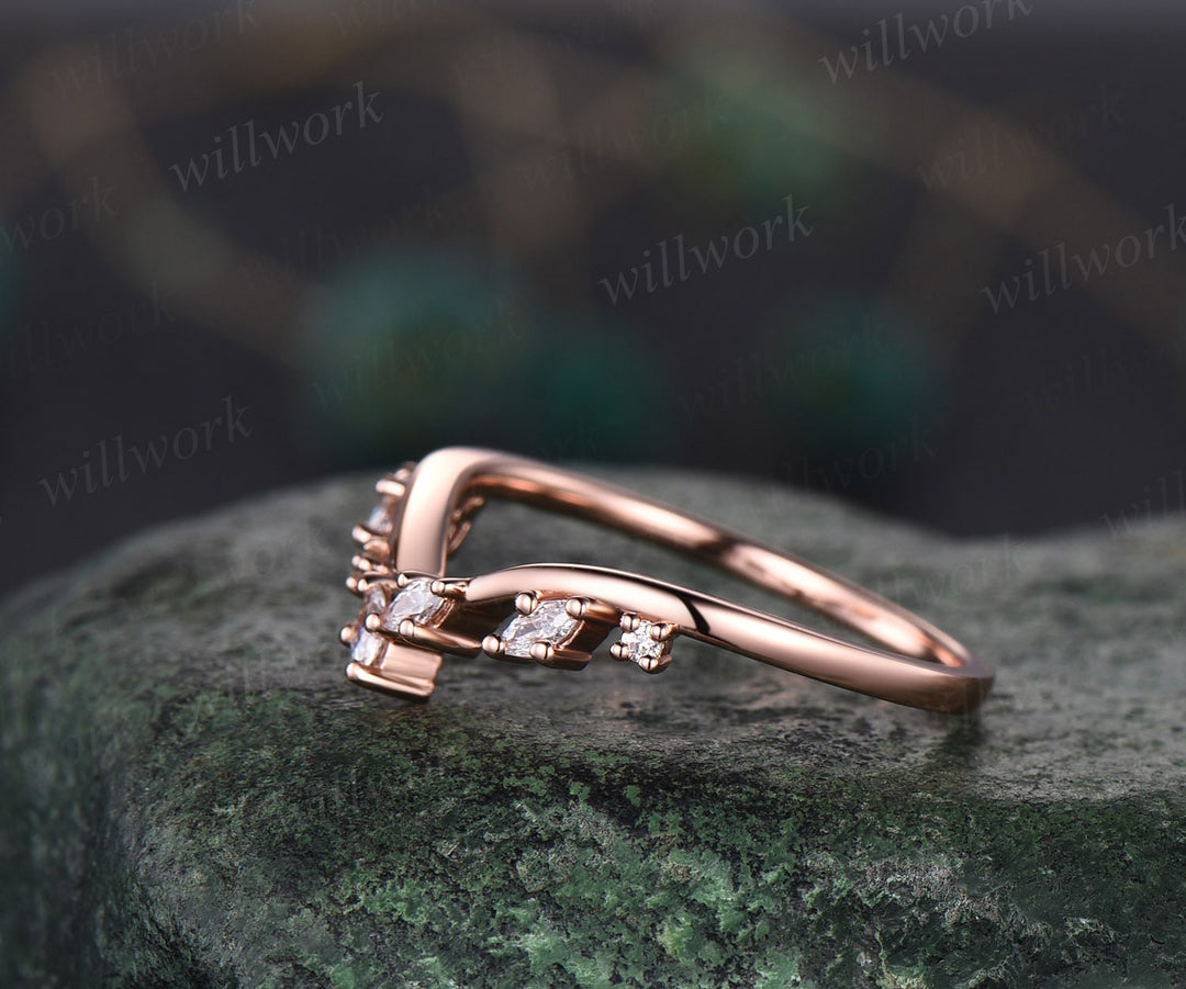 Curved art deco diamond wedding band solid 14k rose gold cluster marquise cut moissanite wedding ring band vintage women anniversary gift