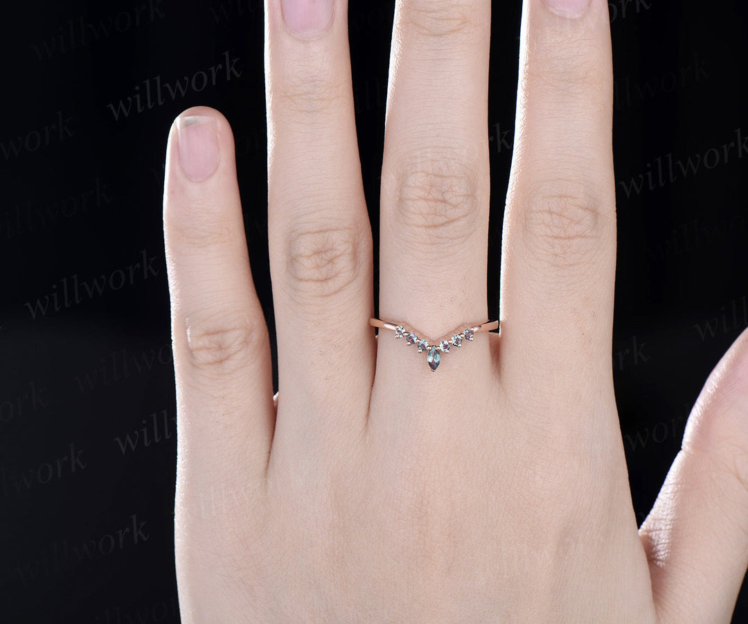 Marquise Curved Alexandrite wedding band 14k rose gold women stacking June birthstone ring color change anniversary bridal ring gift for her