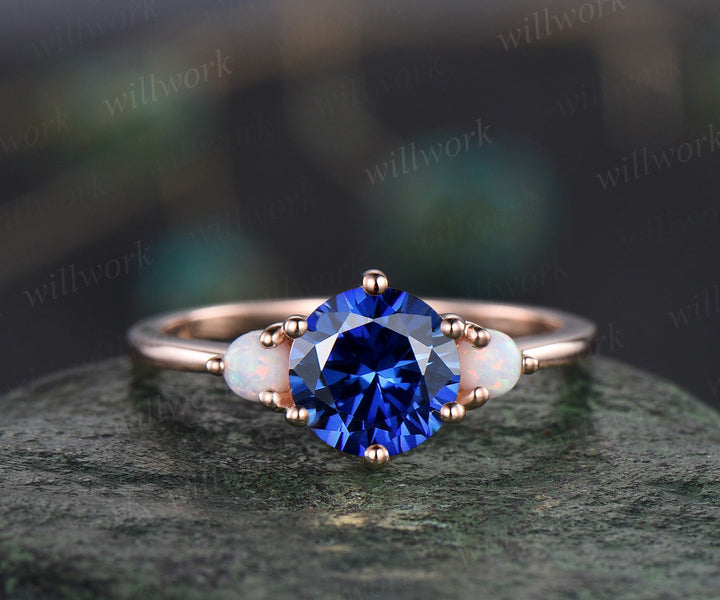 Vintage blue sapphire engagement ring set rose gold three stone opal ring women alexandrite bridal wedding ring set gemstone ring gift