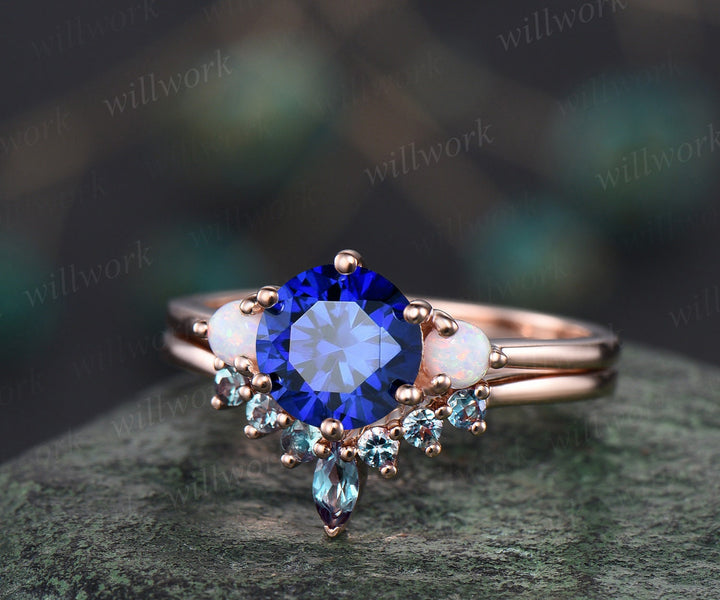 Vintage blue sapphire engagement ring set rose gold three stone opal ring women alexandrite bridal wedding ring set gemstone ring gift