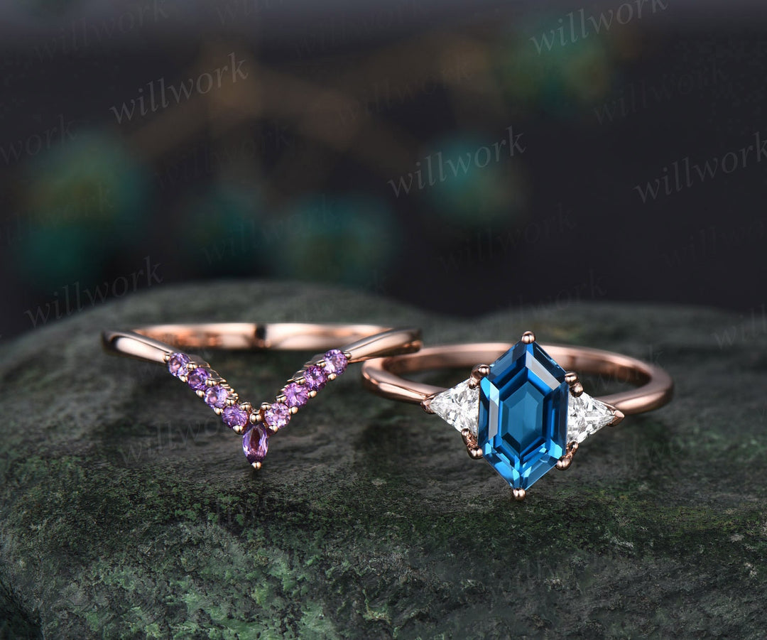 Long hexagon London blue topaz ring rose gold amethyst wedding ring Trilliant moissantie ring three stone engagement ring women crystal ring