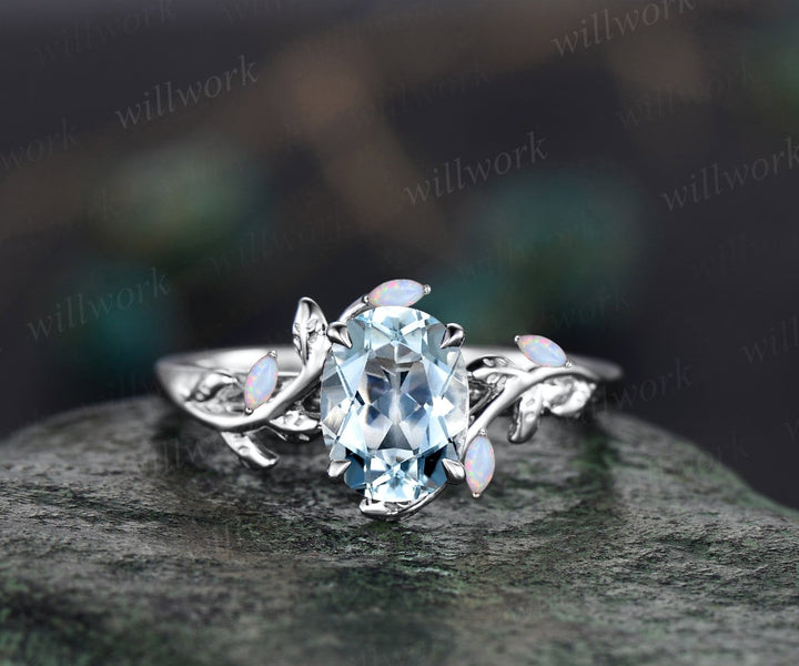 Oval aquamarine ring vintage leaf marquise opal ring women five stone unique nature inspired engagement ring twig wedding ring fine jewelry