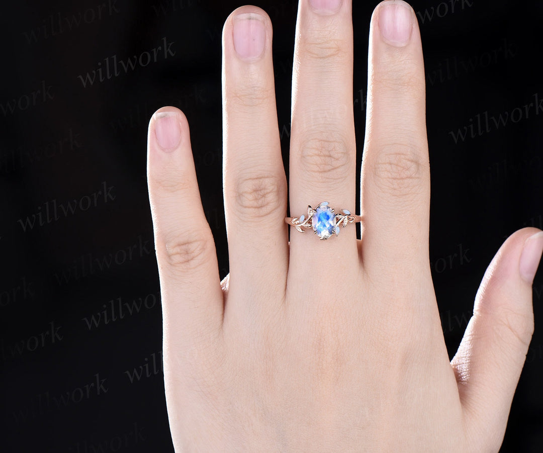 Oval Moonstone ring vintage leaf marquise opal ring women five stone unique nature inspired engagement ring twig wedding ring rose gold gift