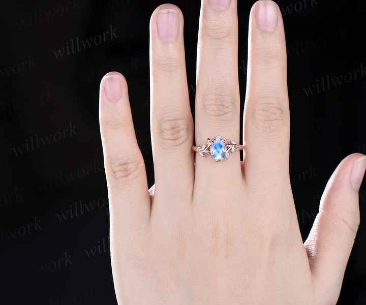 Oval Moonstone ring vintage leaf marquise opal ring women five stone unique nature inspired engagement ring twig wedding ring rose gold gift