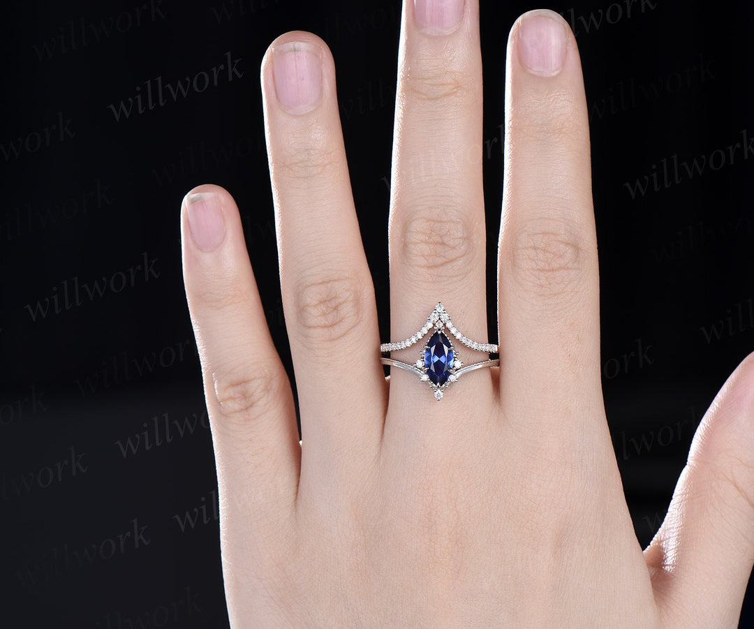 Marquise sapphire ring Vintage white gold cluster diamond ring unique engagement ring stacking ring set 6 prong bridal set women jewelry