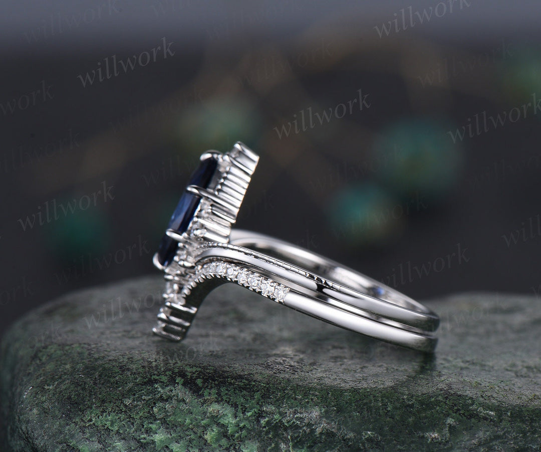 Marquise sapphire ring Vintage white gold cluster diamond ring unique engagement ring stacking ring set 6 prong bridal set women jewelry
