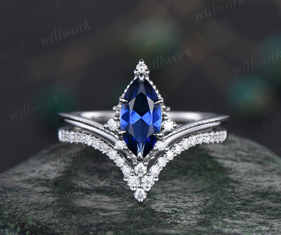Marquise sapphire ring Vintage white gold cluster diamond ring unique engagement ring stacking ring set 6 prong bridal set women jewelry