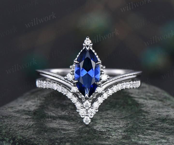 Marquise sapphire ring Vintage white gold cluster diamond ring unique engagement ring stacking ring set 6 prong bridal set women jewelry