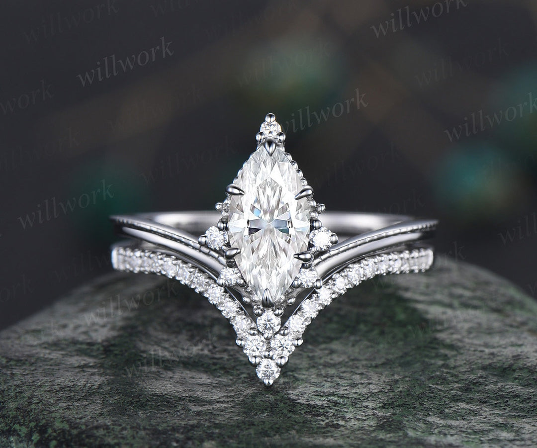 Vintage marquise cut moissanite engagement ring solid 14k white gold cluster diamond bridal wedding ring set women retro  claw 6 prong ring