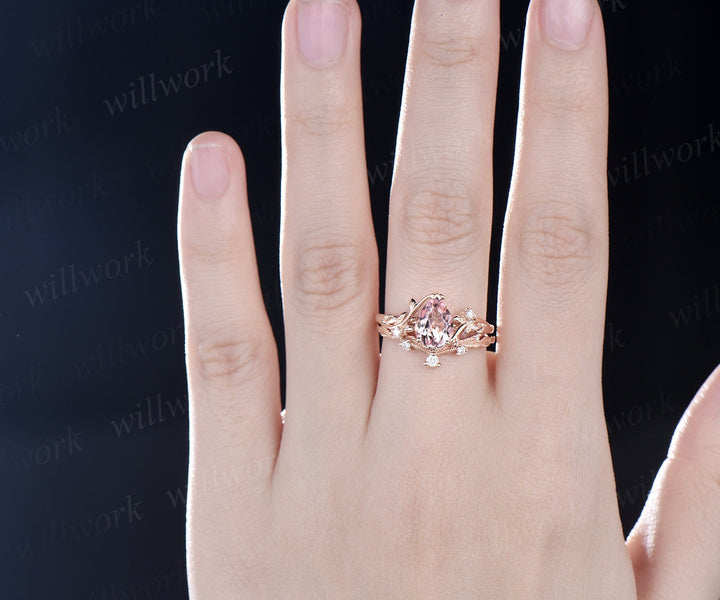 Pear shaped natural Pink morganite ring rose gold leaf nature inspired unique engagement ring women art deco promise wedding bridal ring set
