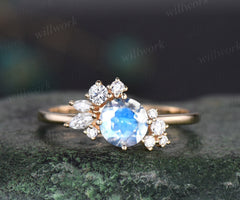 Vintage round moonstone engagement ring art deco dainty snowdrift cluster diamond ring solid 14k yellow gold anniversary bridal ring women