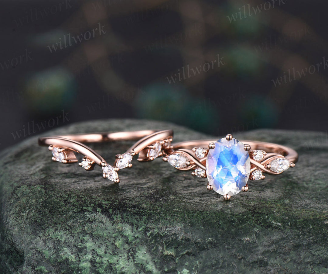 Vintage oval moonstone engagement ring art deco cluster diamond ring solid rose gold bridal set unique wedding ring set women gemstone