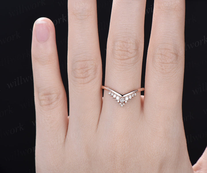 Curved snowdrift diamond wedding band solid 14k rose gold Minimalist moissanite wedding ring band stacking bridal anniversary ring women