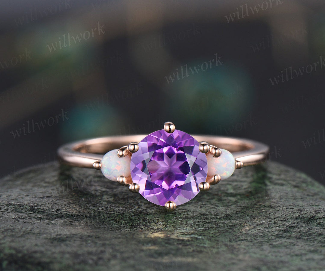 Vintage purple amethyst engagement ring set rose gold three stone opal ring women alexandrite wedding ring set gemstone crystal ring gift