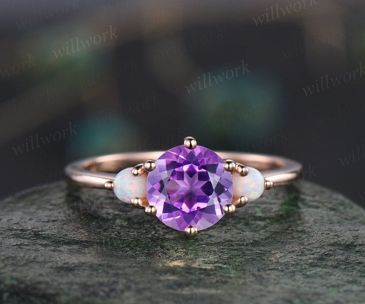 Vintage purple amethyst engagement ring set rose gold three stone opal ring women alexandrite wedding ring set gemstone crystal ring gift