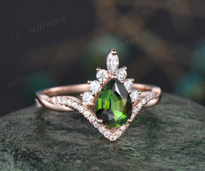 Pear green Tourmaline ring rose gold Twisted halo moissanite ring art deco opal ring women unique engagement ring antique bridal set gift