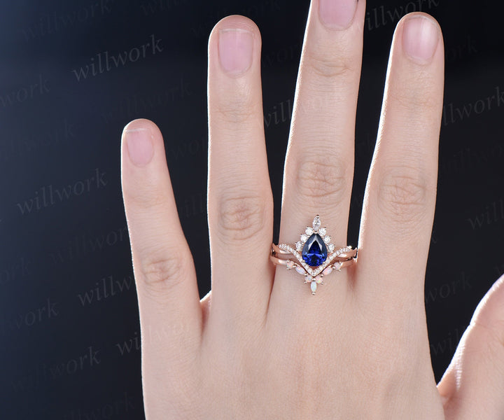 Pear blue sapphire ring rose gold Twisted halo moissanite ring art deco opal ring women unique engagement ring vintage marquise bridal set