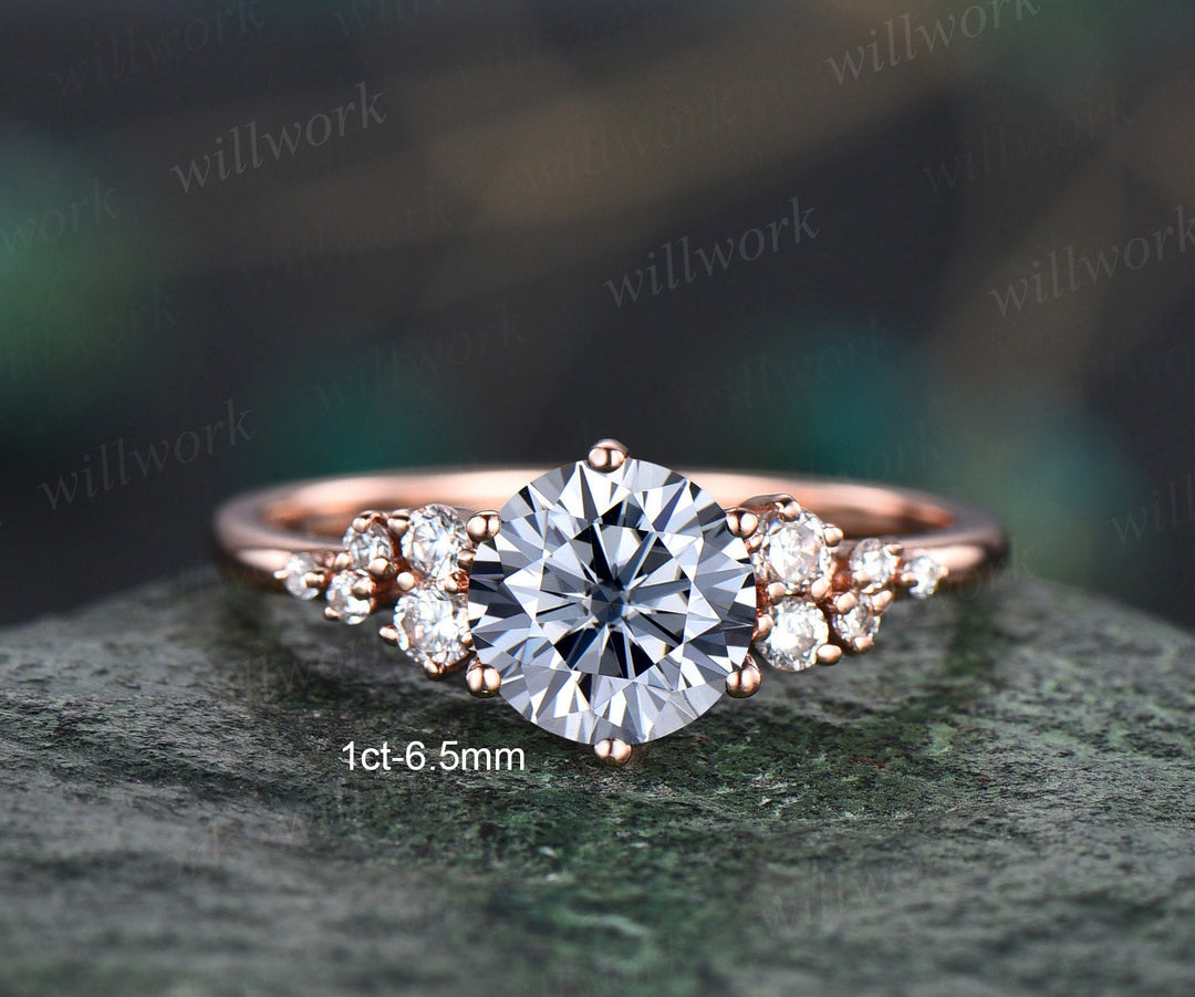 Vintage round gray moissanite engagement ring white gold unique snowdrift 6 prong engagement ring dainty diamond wedding ring for women gift