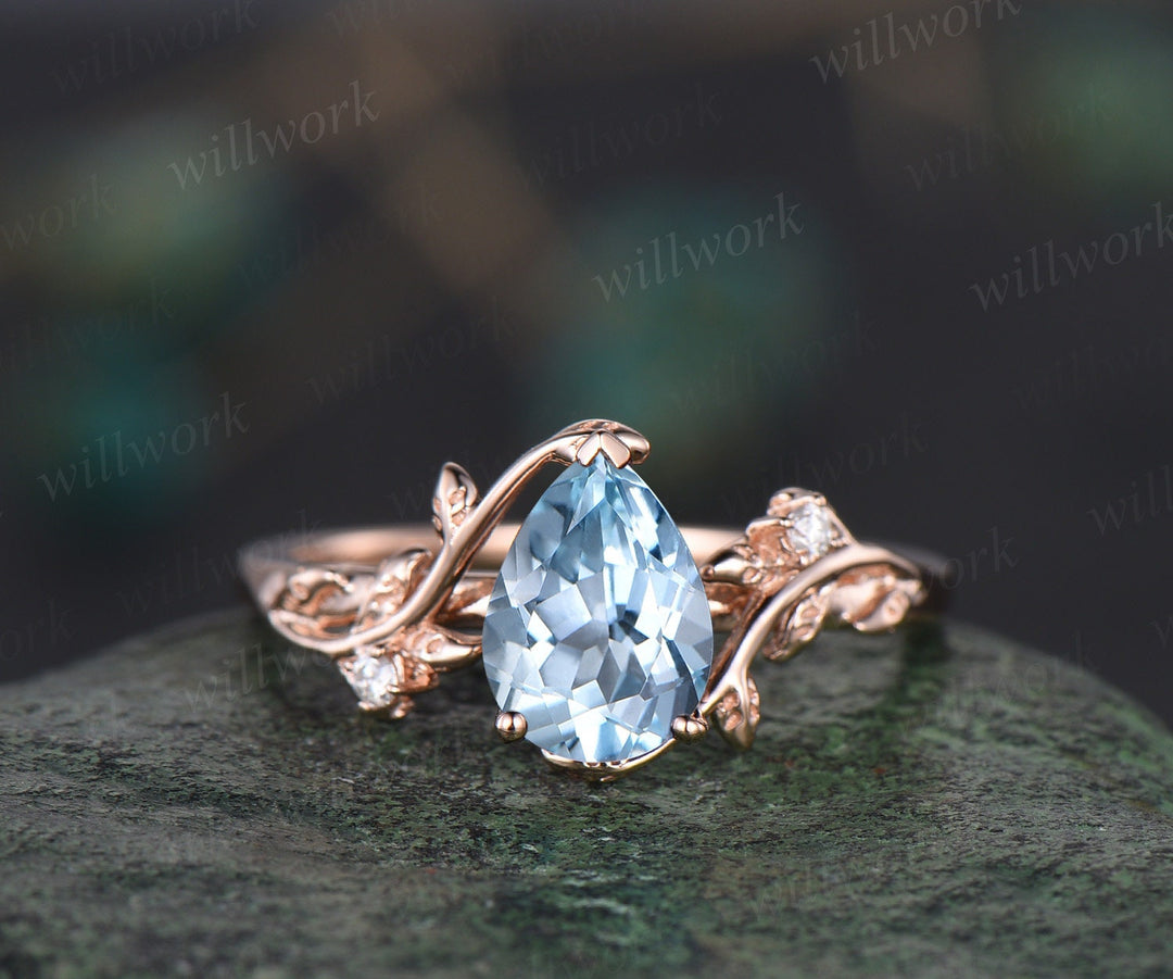 Pear shaped natural aquamarine ring rose gold leaf nature inspired unique engagement ring women antique promise wedding bridal ring set gift