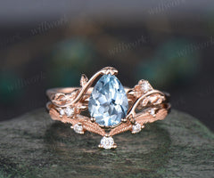 Pear shaped natural aquamarine ring rose gold leaf nature inspired unique engagement ring women antique promise wedding bridal ring set gift