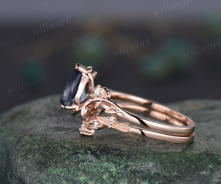 Vintage pear shaped London blue topaz engagement ring rose gold leaf nature inspired diamond bridal set women unique wedding ring gemstone