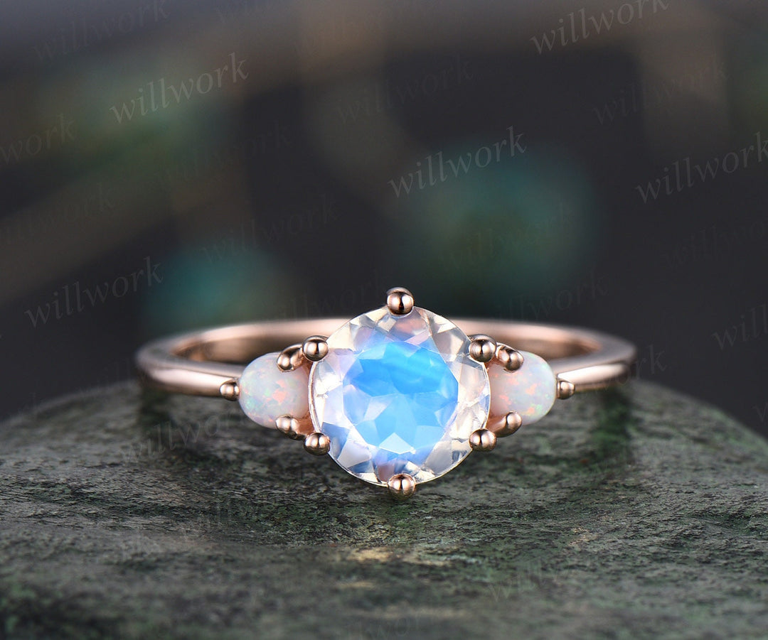 Natural round moonstone ring rose gold three stone opal ring women alexandrite ring vintage unique engagement ring stacking bridal set gift