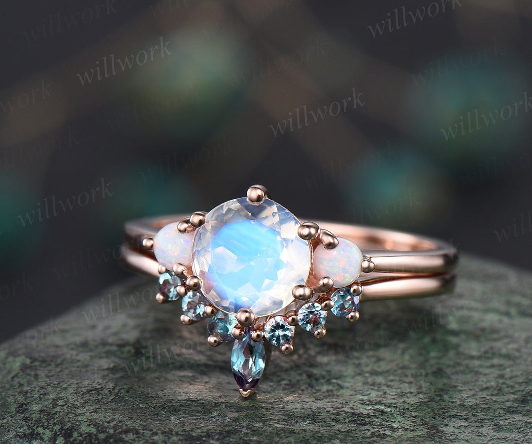 Marquise Curved Alexandrite wedding band 14k rose gold women stacking June birthstone ring color change anniversary bridal ring gift for her