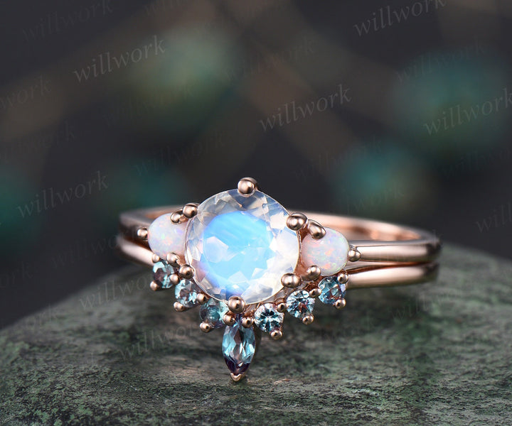 Marquise Curved Alexandrite wedding band 14k rose gold women stacking June birthstone ring color change anniversary bridal ring gift for her