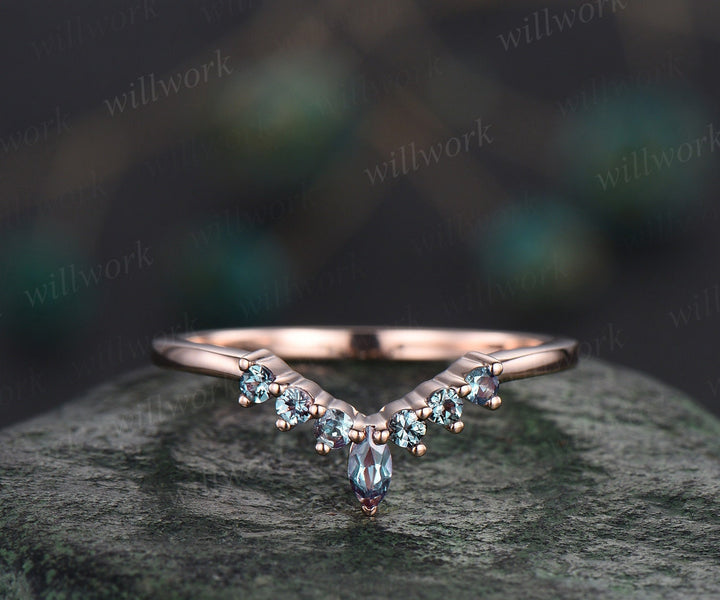 Marquise Curved Alexandrite wedding band 14k rose gold women stacking June birthstone ring color change anniversary bridal ring gift for her