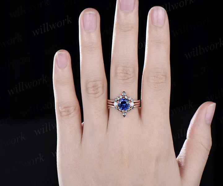 Vintage blue sapphire engagement ring set rose gold three stone opal ring women alexandrite bridal wedding ring set gemstone ring gift