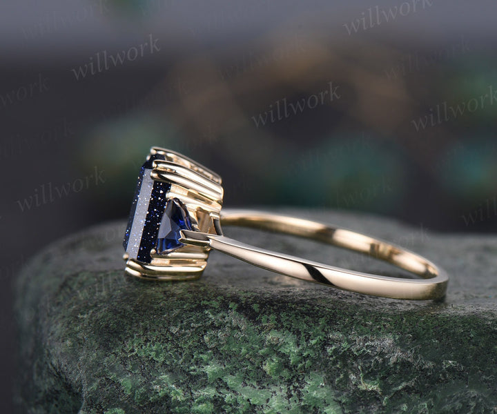 Vintage emerald cut blue sandstone engagement ring 14k yellow gold three stone Trilliant cut sapphire ring women gemstone ring Fine jewelry