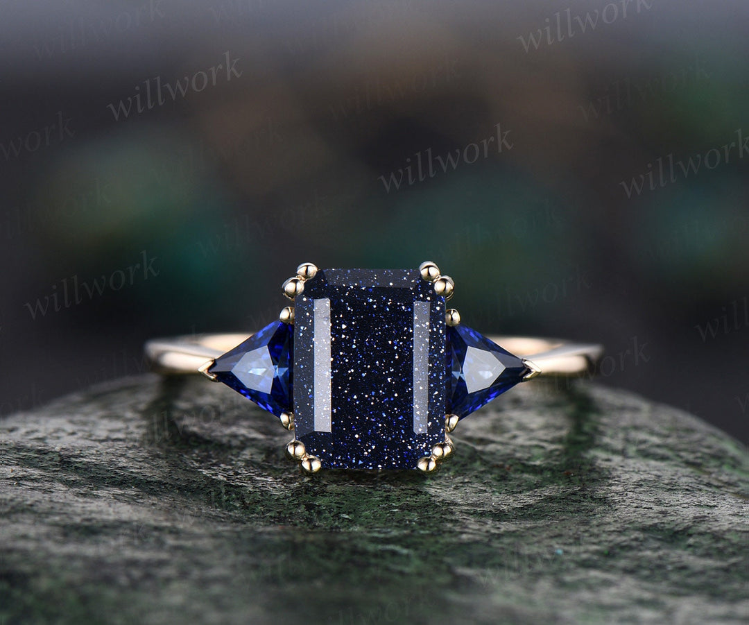 Vintage emerald cut blue sandstone engagement ring 14k yellow gold three stone Trilliant cut sapphire ring women gemstone ring Fine jewelry