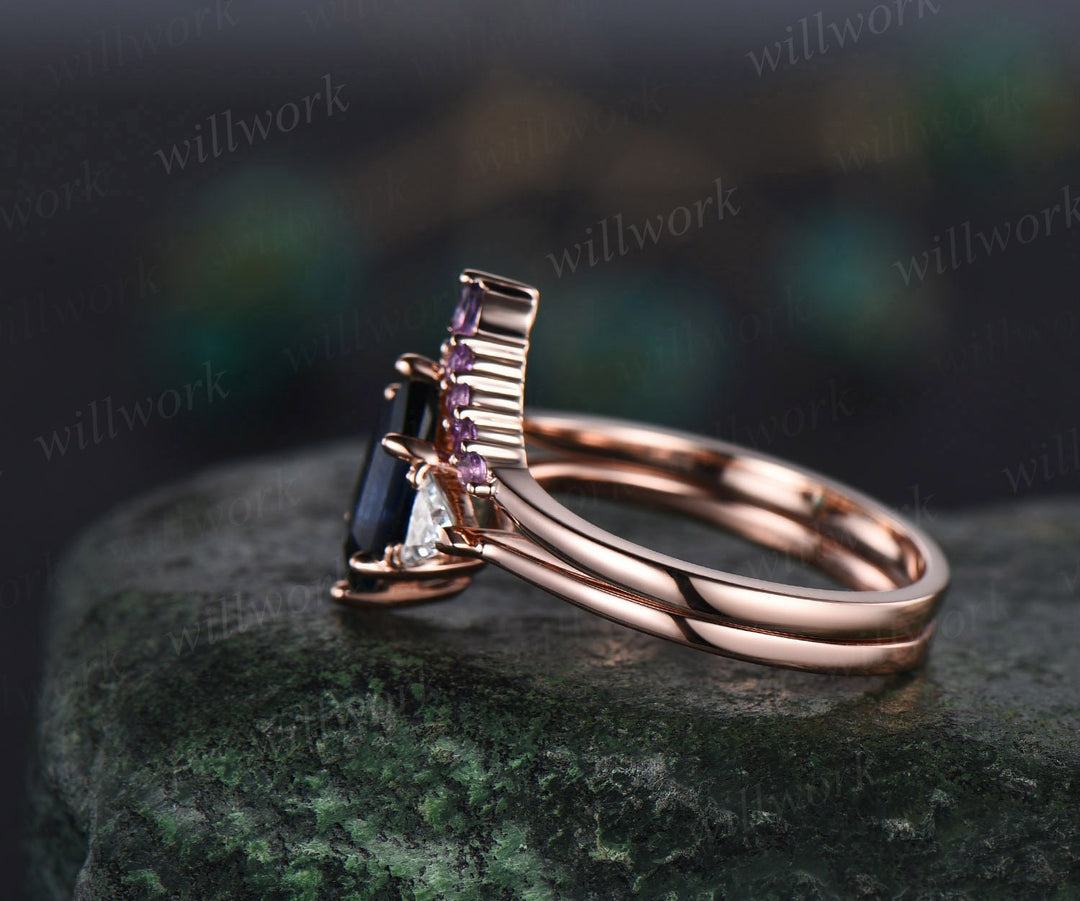 Long hexagon London blue topaz ring rose gold amethyst wedding ring Trilliant moissantie ring three stone engagement ring women crystal ring