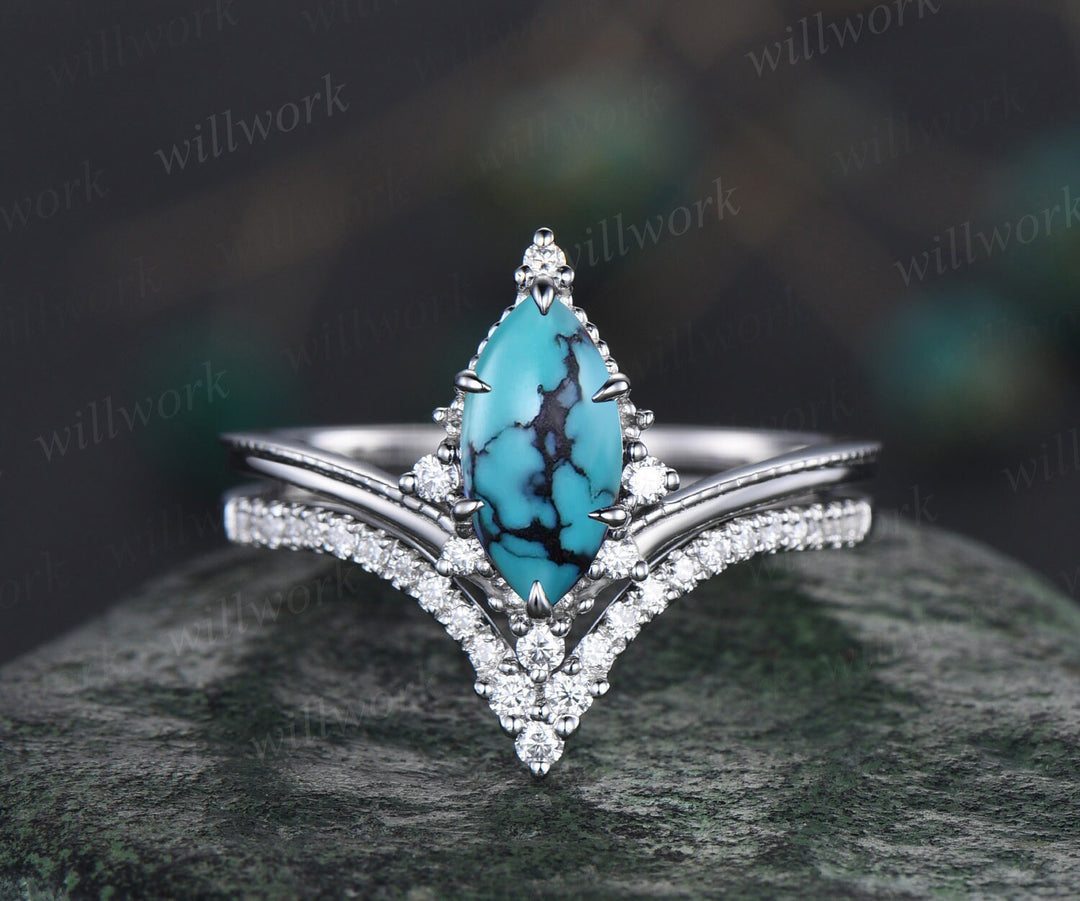 Marquise Turquoise ring Vintage white gold cluster diamond ring unique engagement ring stacking ring set 6 prong bridal set women jewelry