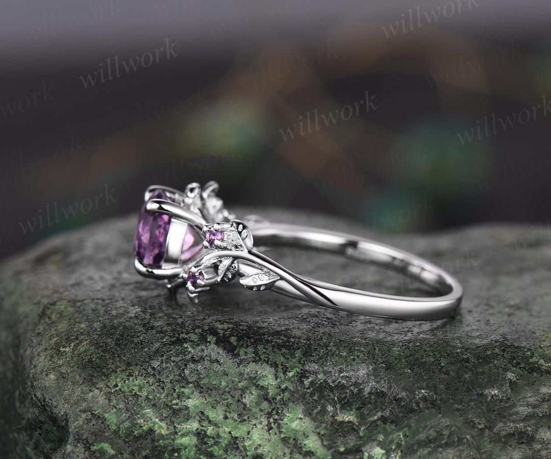 Vintage 1ct round purple amethyst engagement ring leaf 14k white gold ring branch twig nature inspired five stone bridal wedding ring women