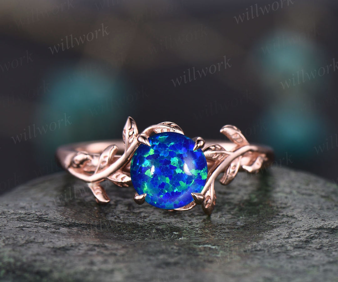 Vintage round blue opal engagement ring leaf 14k white gold ring branch twig nature inspired five stone amethyst bridal wedding ring women